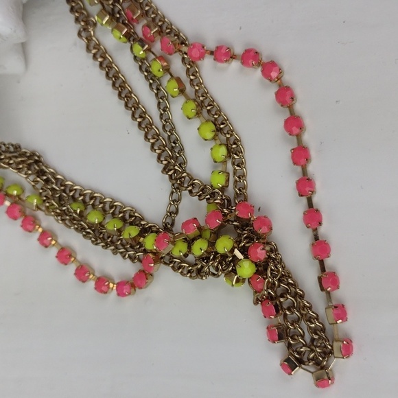 Hot Pink & Lime Green Rhinestone-Set Gold Tone Multi-Chain Boho Necklace - Picture 8 of 9